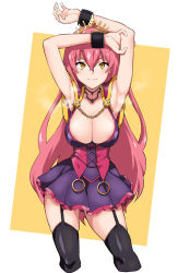 Rule 34 | 1girl, areola slip, armpits, black thighhighs, breasts, contrapposto, cowboy shot, cropped legs, crossed bangs, crown, garter straps, hair between eyes, hands up, highres, large breasts, long hair, looking at viewer, oda nobunaga (sengoku collection), pink hair, purple skirt, sengoku collection, simple background, skirt, smile, solo, standing, thighhighs, very long hair, wristband, yellow background, yellow eyes, yozo (stanky)