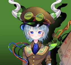 Rule 34 | 1girl, absurdres, alison (alison airlines), blue eyes, blue neckwear, blush, brown hat, commentary request, goggles, goggles on head, gradient background, green background, grey hair, hat, highres, horns, indie virtual youtuber, karina asakusa, looking at viewer, shadow, short hair, smile, solo, tailcoat, upper body, virtual youtuber
