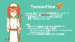 Rule 34 | 1girl, belt, closed mouth, commentary request, cowboy shot, fang, green background, hair between eyes, hand up, hat, highres, holding, holding staff, long sleeves, makkusu (minux302), orange belt, orange eyes, orange hair, original, personification, priest, programming (topic), simple background, skin fang, solo, staff, standing, straight-on, tensorflow, text focus, translation request, twintails