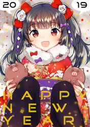 Rule 34 | 1girl, 2019, :d, animal, bat hair ornament, black hair, black thighhighs, blunt bangs, blush, boar, bow, brown eyes, chinese zodiac, commentary request, fingernails, floral print, flower, hair bow, hair flower, hair ornament, happy new year, holding, holding animal, ichihaya, japanese clothes, kimono, long sleeves, looking at viewer, new year, obi, open mouth, original, print kimono, red bow, red kimono, rose, sash, sitting, smile, solo, thighhighs, twintails, white flower, white rose, year of the pig