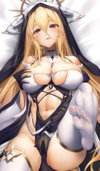 Rule 34 | 1girl, azur lane, bed sheet, black gloves, blonde hair, breasts, commission, dakimakura (medium), gloves, grabbing own breast, highres, implacable (azur lane), large breasts, long hair, looking at viewer, lying, on back, red eyes, solo, thighhighs, white thighhighs, xfate