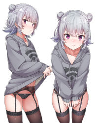 Rule 34 | 1girl, black panties, blush, bow, bow panties, brown thighhighs, cameltoe, cevio, closed mouth, clothes lift, clothes writing, double bun, drawstring, embarrassed, garter belt, grey hoodie, hair bun, hair ornament, hairclip, highres, hood, hood down, hoodie, hoodie lift, hoodie tug, koharu rikka, konnyaku (kk-monmon), lace, lace-trimmed legwear, lace trim, lifting own clothes, long sleeves, looking at viewer, multiple views, no pants, nose blush, panties, panties over garter belt, puffy long sleeves, puffy sleeves, purple eyes, silver hair, simple background, skindentation, sleeves past wrists, sweat, thighhighs, underwear, v-shaped eyebrows, voiceroid, wavy mouth, white background