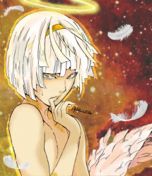 Rule 34 | 1boy, angel, angel wings, blunt ends, eyelashes, feathered wings, feathers, finger in own mouth, glowing, hair ornament, halo, highres, looking at viewer, parted lips, pectorals, pectorals, platinum end, revel, short hair, signature, solo, upper body, white hair, wings, yellow eyes