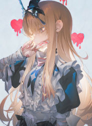 Rule 34 | 1girl, alice (grimlight), bandaged arm, bandages, bandaid, bandaid on hand, blonde hair, blue background, blue bow, blue dress, blue eyes, bow, breasts, card, commentary, dress, eyebrows hidden by hair, grimlight, hair behind ear, heart, heart in eye, holding, holding card, long hair, looking to the side, nail polish, pink nails, playing card, small breasts, solo, symbol-only commentary, symbol in eye, upper body, very long hair, wanke