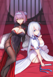 Rule 34 | 2girls, azur lane, black dress, black legwear, blue eyes, breasts, china dress, chinese clothes, cleavage, curtains, cutout above navel, dress, elbow gloves, feather boa, flower, folded fan, folded ponytail, folding fan, garter straps, gloucester (azur lane), gloucester (brilliance in purple) (azur lane), gloves, hair between eyes, hair flower, hair ornament, hair ribbon, hairband, hand fan, highres, holding, holding fan, illustrious (azur lane), illustrious (maiden lily&#039;s radiance) (azur lane), indoors, large breasts, long hair, looking at viewer, mole, mole under eye, multiple girls, night, official alternate costume, on bed, pantyhose, purple hair, ribbon, short hair, shrug (clothing), sitting, smile, thighband pantyhose, thighhighs, tress ribbon, tri tails, white dress, white hair, white legwear, window, xian yu mo ren, yellow eyes