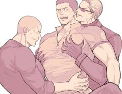 Rule 34 | 3boys, albert wesker, anger vein, bara, beard stubble, blush, chris redfield, clenched teeth, facial hair, father and son, gloves, grabbing, grabbing from behind, jacket, jake muller, large pectorals, looking at another, male focus, multiple boys, muscular, muscular male, open mouth, pectoral grab, pectorals, resident evil, resident evil 5, resident evil 6, shirt, short hair, smile, stubble, sunglasses, teeth, upper body, very short hair, yaoi, you mama n