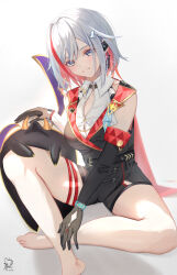 Rule 34 | 1girl, absurdres, asymmetrical gloves, belt, black belt, black gloves, black unitard, breasts, closed mouth, collared shirt, colored inner hair, full body, gloves, grey eyes, headpat, highres, honkai: star rail, honkai (series), indian style, large breasts, looking at viewer, mole, mole on thigh, multicolored hair, numby (honkai: star rail), red hair, sazanami (re n rentaro), shadow, shirt, signature, simple background, sitting, solo, streaked hair, thigh strap, topaz (honkai: star rail), trotter (honkai: star rail), uneven gloves, white background, white hair, white shirt