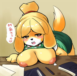 Rule 34 | animal crossing, artist request, blush, breasts, furry, huge breasts, isabelle (animal crossing), lactation, leaking, nintendo, text focus, translated