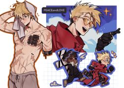 Rule 34 | 2boys, abs, amputee, black gloves, black hair, black straps, blonde hair, blue eyes, blush, boxer briefs, cigarette, coat, cross, dekazeze, english text, gloves, heart, heart-shaped eyewear, highres, holding, holding towel, male focus, male underwear, mole, mole under eye, multiple boys, multiple views, navel, nicholas d. wolfwood, one eye closed, pectorals, red coat, round eyewear, running, scar, scar on arm, scar on chest, scar on stomach, short hair, simple background, smile, smoke, smoking, sparkle, speech bubble, sunglasses, toned, toned male, topless male, towel, trigun, trigun stampede, underwear, vash the stampede, white background