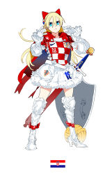 Rule 34 | 1girl, 2018 fifa world cup, armor, armored boots, armored dress, blonde hair, boots, croatia, croatian flag, full body, gloves, hair between eyes, high heel boots, high heels, looking at viewer, shield, simple background, skirt, soccer, solo, sword, weapon, white background, white gloves, white skirt, world cup, yu yanshu