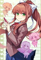 &gt;_&lt; 4girls :d blue_skirt blush bow brown_hair chibi closed_mouth doki_doki_literature_club flying_sweatdrops green_eyes hair_bow hair_ornament long_hair long_sleeves mechanical_pencil monika_(doki_doki_literature_club) multiple_girls natsuki_(doki_doki_literature_club) open_mouth pencil ponytail sayori_(doki_doki_literature_club) school_uniform short_hair skirt smile tsumikitsuki_(katsuobushi) x_hair_ornament xd yuri_(doki_doki_literature_club)