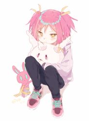 Rule 34 | 1girl, 3:, :t, black pants, blush, borrowed character, closed mouth, cross-laced footwear, dot nose, full body, hair ribbon, highres, knees up, layered sleeves, long sleeves, looking at viewer, nprmtp, hugging object, original, pants, pink footwear, pink hair, pout, ribbon, shoelaces, shoes, simple background, sitting, sneakers, solo, stuffed animal, stuffed rabbit, stuffed toy, tsurime, two side up, white background, yellow eyes, yellow ribbon