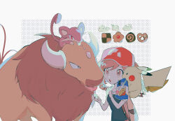 Rule 34 | 1girl, backpack, bag, baseball cap, black shirt, brown bag, brown eyes, brown hair, bulbasaur, checkerboard cookie, chibi, chibi inset, chocolate chip cookie, cookie, creatures (company), crumbs, dewgong, elaine (pokemon), feeding, food, game freak, gen 1 pokemon, hat, highres, holding, holding cookie, holding food, nintendo, on head, on shoulder, open mouth, pikachu, poke ball print, pokemon, pokemon (creature), pokemon lgpe, pokemon on head, pokemon on shoulder, polka dot, polka dot background, ponytail, pretzel, psyduck, rattata, red headwear, shirt, short sleeves, tail, tail ornament, tauros, thumbprint cookie, tongue, tongue out, zonbi4771