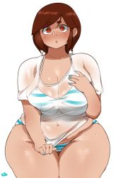 Rule 34 | 1girl, belly, bikini, breasts, brown eyes, brown hair, clothes pull, ear piercing, highres, huge breasts, lightsource, nail polish, piercing, plump, purin (lightsource), shirt, shirt pull, solo, swimsuit, thick eyebrows, thick thighs, thighs, wet, wet clothes, wet shirt, wide hips