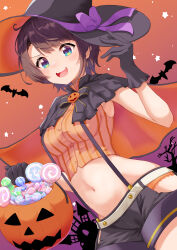 Rule 34 | 1girl, absurdres, black gloves, black hat, blue eyes, brown hair, gloves, halloween, hat, highres, hololive, looking at viewer, nushiya (ayihsem), oozora subaru, open mouth, shirt, short hair, smile, solo, striped clothes, striped shirt, vertical-striped clothes, vertical-striped shirt, virtual youtuber