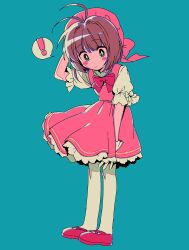 Rule 34 | !, 1girl, antenna hair, beret, blue background, blush stickers, bow, bowtie, bright pupils, brown hair, cardcaptor sakura, closed mouth, dress, frilled dress, frilled sleeves, frills, full body, gloves, green eyes, hat, highres, kinomoto sakura, looking down, menma (enaic31), pantyhose, pink dress, pink hat, puffy short sleeves, puffy sleeves, red bow, short sleeves, simple background, solo, speech bubble, spoken exclamation mark, white gloves, white pantyhose, white pupils