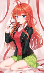 Rule 34 | 1girl, absurdres, ahoge, bad id, bad twitter id, between legs, black-framed eyewear, black jacket, blazer, blue eyes, blush, breasts, buttons, closed mouth, collared shirt, commentary request, unworn eyewear, glasses, go-toubun no hanayome, green skirt, hair ornament, hand up, highres, holding, holding removed eyewear, jacket, kneehighs, large breasts, light particles, long hair, long sleeves, looking at viewer, miniskirt, nakano itsuki, no shoes, open clothes, open jacket, pleated skirt, red hair, red ribbon, red sweater, ribbon, school uniform, shirt, skirt, socks, solo, star (symbol), star hair ornament, sweater, thighs, tokkyu, white socks, white shirt, wing collar