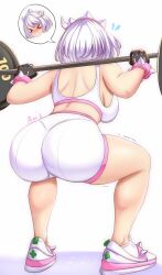 Rule 34 | &gt; &lt;, 1girl, anisdrawn, ass, bare arms, bare shoulders, black gloves, commentary, crop top, elphelt valentine, gloves, guilty gear, guilty gear strive, highres, midriff, purple hair, shoes, short hair, simple background, solo, sports bra, standing, thighs, white background, white footwear