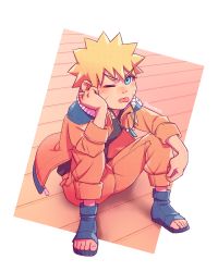 Rule 34 | 1boy, absurdres, blonde hair, blue eyes, blue footwear, child, commentary, facial mark, forehead protector, highres, jewelry, jumpsuit, justnetd, long sleeves, looking at viewer, male focus, naruto, naruto (series), necklace, ninja, on floor, one eye closed, orange jumpsuit, sandals, short hair, simple background, sitting, solo, spiked hair, symbol-only commentary, toes, tongue, tongue out, uzumaki naruto, whisker markings, wooden floor