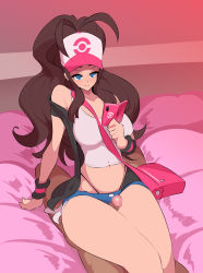 Rule 34 | 1boy, 1girl, bag, bare shoulders, baseball cap, bed, blue eyes, blush, breasts, brown hair, censored, clothed female nude male, collarbone, creatures (company), dark-skinned male, dark skin, denim, denim shorts, femdom, game freak, hat, highres, hilda (pokemon), large breasts, long hair, looking at another, micro shorts, midriff, multitasking, nac000, navel, nintendo, nude, penis, pokedex, pokemon, pokemon bw, shirt, shorts, sitting, smile, tank top, thick thighs, thigh sex, thighs, thong, very long hair, white shirt
