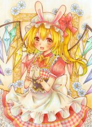 Rule 34 | 1girl, animal ears, blonde hair, crystal wings, fake animal ears, flandre scarlet, frills, gloves, hat, hat ribbon, highres, lily k oekaki, marker (medium), open mouth, rabbit ears, red eyes, red ribbon, ribbon, solo, touhou, traditional media, white gloves, wrist cuffs