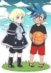 Rule 34 | 2boys, ?, age regression, aged down, ball, basketball, blue hair, blush, child, closed mouth, cloud, day, galo thymos, holding, holding ball, kitsune23star, lio fotia, long sleeves, looking at another, multiple boys, outdoors, promare, sandals, shirt, short sleeves, shorts, sky, smile, spiked hair, standing, studio trigger