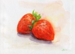 Rule 34 | amima amita, food, fruit, highres, no humans, original, painting (medium), realistic, signature, still life, strawberry, traditional media, watercolor (medium), white background