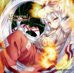 Rule 34 | &gt;:o, 1girl, :o, arm garter, bamboo, bamboo forest, blush, bow, dress shirt, fire, forest, fujiwara no mokou, hair bow, juliet sleeves, long hair, long sleeves, looking at viewer, nature, ofuda, ofuda on clothes, pants, parted lips, puffy sleeves, red eyes, red pants, shirt, solo, touhou, umarutsufuri, v-shaped eyebrows, very long hair, white hair, white shirt