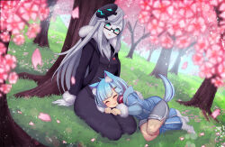 Rule 34 | animal ear fluff, animal ears, blush, cat ears, cat tail, character request, cherry blossoms, cherry tree, closed eyes, coat, colored skin, copyright request, glasses, grass, heart (symbol), kamaniki, lap pillow, mask, outdoors, petals, shorts, tagme, tail, tree, vest, watermark, white skin