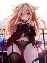 Rule 34 | 1girl, animal ears, asymmetrical legwear, bad id, bad pixiv id, bare shoulders, black dress, black gloves, blonde hair, blush, bow, bow panties, breasts, brown panties, brown thighhighs, cameltoe, cat ears, closed mouth, clothes lift, cloud, cloudy sky, collarbone, copyright request, criss-cross halter, dress, dress lift, elbow gloves, female focus, from below, garter straps, gloves, gluteal fold, hair between eyes, halterneck, lifting own clothes, long hair, looking at viewer, mismatched legwear, navel, outdoors, panties, partially fingerless gloves, red eyes, side-tie panties, sky, small breasts, smile, solo, standing, sunset, thighhighs, tsuka, underwear, very long hair, white thighhighs