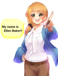 Rule 34 | 1girl, :d, azuk, belt, blonde hair, blush, bow, brown skirt, buckle, cardigan, chalk, character name, collared shirt, ellen baker, english text, hand on own hip, highres, jacket, looking at viewer, new horizon, open cardigan, open clothes, open jacket, open mouth, shirt, simple background, skirt, smile, solo, speech bubble, talking, text focus, white background, white bow, white shirt