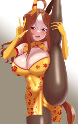 Rule 34 | 1girl, absurdres, ael, ahoge, alternate costume, animal ears, arms behind back, bare shoulders, blush, breasts, brown hair, chinese clothes, cleavage, commentary request, copano rickey (umamusume), double bun, dress, ear covers, ear ornament, elbow gloves, fang, gloves, gradient background, grin, hair between eyes, hair bun, hair ornament, highres, horse ears, horse girl, horse tail, large breasts, long hair, looking at viewer, multicolored hair, open mouth, pantyhose, red eyes, simple background, smile, solo, split, standing, standing on one leg, standing split, streaked hair, tail, tassel, tassel hair ornament, umamusume, w, white hair, yellow dress, yellow gloves