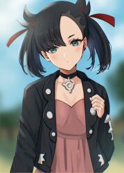 Rule 34 | 1girl, asymmetrical bangs, black choker, black hair, black jacket, blurry, blurry background, blush, choker, closed mouth, commentary request, creatures (company), dated, day, dress, earrings, game freak, green eyes, hair ribbon, hand up, head tilt, highres, jacket, jewelry, looking at viewer, marnie (pokemon), nintendo, open clothes, open jacket, outdoors, pink dress, pokemon, pokemon swsh, red ribbon, ribbon, solo, yamamori kinako