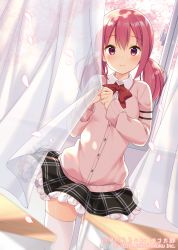 Rule 34 | 1girl, artist name, bekotarou, blush, bow, bowtie, character name, cherry blossoms, curtains, desk, frilled skirt, frills, hasegawa urumi, highres, holding, indoors, kaitori oukoku, looking at viewer, mascot, original, petals, pink eyes, pink hair, school desk, shirt, skirt, smile, solo, thighhighs, twintails, white thighhighs, wind, window, zettai ryouiki