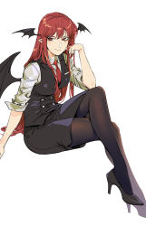 Rule 34 | 1girl, absurdres, bat wings, black pantyhose, black skirt, black vest, closed mouth, collared shirt, hand up, head wings, highres, invisible chair, koakuma, long hair, looking to the side, necktie, pantyhose, pencil skirt, pointy ears, red eyes, red hair, red necktie, ruukii drift, shirt, simple background, sitting, skirt, smile, solo, touhou, vest, white background, white shirt, wing collar, wings