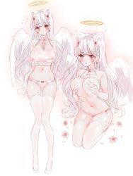 Rule 34 | 1girl, :o, angel, angel wings, animal ear fluff, animal ears, bad id, bad pixiv id, bare shoulders, blush, bow, bow panties, breasts, butterfly hair ornament, cleavage, closed mouth, commentary request, earrings, feathered wings, flower earrings, grey eyes, hair ornament, halo, highres, jewelry, large breasts, looking at viewer, multiple views, navel, no pants, original, panties, parted lips, shirt, sleeveless, sleeveless shirt, sweat, tandohark, thigh gap, thighhighs, underwear, white hair, white panties, white shirt, white thighhighs, white wings, wings