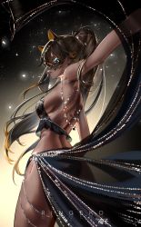 Rule 34 | 1girl, armband, bare back, bare shoulders, blue eyes, breasts, brown hair, clothes lift, dark-skinned female, dark skin, dehya (genshin impact), dress, genshin impact, harem outfit, highres, jewelry, lips, looking at viewer, looking back, mask, mouth veil, ponytail, ringeko-chan, skirt, skirt lift, slit pupils, thighs, turning head, veil
