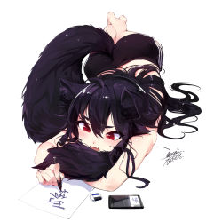 Rule 34 | 1girl, animal ears, barefoot, black hair, cellphone, commentary request, crayon, crossed ankles, ejami, ekko (ejami), fang, fox ears, fox girl, fox tail, holding, holding with tail, long hair, lying, on stomach, original, phone, prehensile tail, red eyes, shorts, smartphone, tail, writing