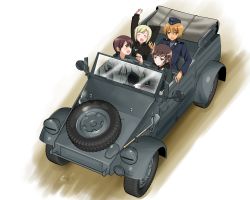 Rule 34 | 10s, 4girls, angry, blonde hair, blush, brave witches, brown hair, car, driving, erica hartmann, from above, garrison cap, gertrud barkhorn, hat, johanna wiese, kaneko (novram58), kubelwagen, long hair, looking back, military, military uniform, motor vehicle, multiple girls, neck ribbon, open mouth, ribbon, short hair, shovel, smile, stretching, strike witches, teardrop, tire, uniform, vehicle, vehicle focus, waltrud krupinski, worktool, world witches series, yawning