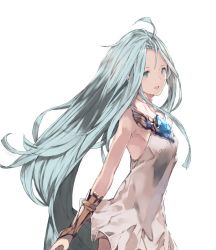 Rule 34 | 10s, 1girl, ahoge, akiha (attract), aqua eyes, aqua hair, armpits, bad id, bad twitter id, bare shoulders, choker, cowboy shot, dress, from side, granblue fantasy, long hair, looking at viewer, lyria (granblue fantasy), official style, open mouth, simple background, smile, solo, teeth, upper body, very long hair, white background, white dress