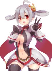Rule 34 | 1girl, :d, bad id, bad pixiv id, between breasts, black gloves, black thighhighs, blush, breasts, center opening, edea cluster, gloves, grey hair, hair rings, matoi (pso2), navel, open mouth, phantasy star, phantasy star online 2, pokoten (pokoten718), red eyes, short hair, simple background, smile, solo, thighhighs, v, white background