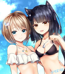 Rule 34 | 2girls, :d, animal ear fluff, animal ears, bare arms, bare shoulders, bell, bikini, black bikini, black hair, blue eyes, blue sky, blunt bangs, breasts, brown eyes, brown hair, cat ears, cat girl, cat tail, clam, cleavage, closed mouth, cloud, collarbone, commentary request, day, fangs, glint, hair ornament, hand up, heart, highres, jewelry, lens flare, looking at viewer, medium breasts, multiple girls, navel, necklace, omoomomo, open mouth, original, short hair, signature, sky, smile, spaghetti strap, star (symbol), star hair ornament, sunlight, swimsuit, tail, upper body, white bikini