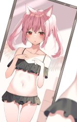 Rule 34 | 1girl, animal ears, bikini, black bikini, blush, breasts, cat ears, female pov, gluteal fold, hands on own chest, highres, indoors, long hair, mirror, mizuki ryuu, navel, open mouth, original, pink hair, pov, red eyes, reflection, small breasts, solo, swimsuit, thigh gap, thighs, twintails