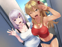 Rule 34 | 2girls, arm up, armpits, bare arms, bare legs, bare shoulders, bitch gal no oshiego ni shiborareru!!, blonde hair, blush, breasts, cleavage, cowboy shot, denim, denim shorts, door, dutch angle, fang, groin, gyaru, hair between eyes, hand up, happy, highres, indoors, jeans, jewelry, large breasts, legs, legs together, light blush, long hair, looking at viewer, medium hair, midriff, multiple girls, necklace, off shoulder, one eye closed, open mouth, original, pants, purple eyes, purple hair, red shirt, salute, shirt, short shorts, shorts, side ponytail, smile, standing, tank top, thighs, waving, white shirt, wink, xenoms, yellow eyes