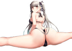 Rule 34 | 1girl, ass, azur lane, back, bare arms, bare shoulders, beach, bikini, black bikini, blush, breasts, dress, dya, formidable (azur lane), frilled dress, frills, from behind, greem bang, grey hair, hair ribbon, highres, huge ass, large breasts, legs, long hair, looking at viewer, looking back, md5 mismatch, red eyes, resolution mismatch, ribbon, shiny skin, simple background, solo, source smaller, split, spread legs, sweat, swimsuit, thick thighs, thighs, twintails, very long hair, white background, wide hips