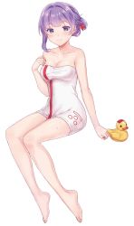 Rule 34 | 1girl, barefoot, blue eyes, breasts, cleavage, full body, highres, invisible chair, miyao jou, naked towel, official art, plantar flexion, purple hair, rubber duck, shirohime quest, sitting, smile, solo, towel, transparent background, updo, wet