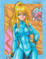 Rule 34 | 1girl, 2021, artist name, blonde hair, blue bodysuit, blue eyes, bodysuit, breasts, closed mouth, covered abs, covered collarbone, covered navel, cowboy shot, female focus, gun, hair between eyes, hand on own hip, high ponytail, highres, holding, holding gun, holding weapon, large breasts, metroid, metroid (creature), mole, mole under mouth, multicolored background, nintendo, parted lips, ponytail, ravernclouk design, samus aran, serious, sidelocks, standing, teeth, traditional media, weapon, wristband, zero suit