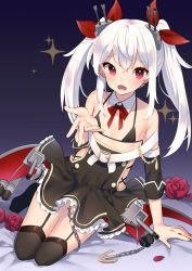 Rule 34 | 1girl, :d, akagi kurage, arm support, azur lane, bare shoulders, bat wings, bed sheet, belt, belt buckle, black background, black bra, black dress, black thighhighs, blush, bow, bra, buckle, cannon, chain, collar, collarbone, commentary request, detached collar, detached sleeves, dress, fang, fingernails, flower, frilled dress, frills, garter straps, gradient background, hair between eyes, hair ribbon, halterneck, headgear, highres, leaning to the side, long hair, looking at viewer, low wings, no shoes, open mouth, over-kneehighs, reaching, reaching towards viewer, red bow, red eyes, red flower, red ribbon, red rose, ribbon, rose, seiza, short sleeves, sidelocks, simple background, sitting, smile, solo, sparkle, thighhighs, torpedo, turret, twintails, underwear, vampire (azur lane), white belt, white collar, white hair, wing collar, wings