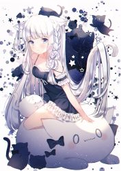 Rule 34 | 1girl, absurdres, animal, animal ears, arm support, bare shoulders, black bow, black cat, black dress, blue eyes, blush, bow, braid, breasts, cat, cat ears, cat girl, cat tail, closed mouth, collarbone, commentary request, dress, frilled dress, frills, full body, highres, huge filesize, kotamun, leaning forward, long hair, looking at viewer, medium breasts, neck ribbon, original, ribbon, silver hair, sitting, sleeveless, sleeveless dress, solo, star (symbol), strap slip, tail, tail raised, very long hair, white ribbon