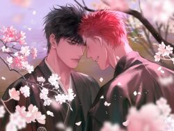 Rule 34 | 2boys, bishounen, black eyes, black hair, black kimono, cherry blossoms, closed eyes, closed mouth, couple, day, falling petals, forehead-to-forehead, heads together, highres, japanese clothes, kimono, looking at another, male focus, mukur sd, multiple boys, outdoors, petals, red hair, rukawa kaede, sakuragi hanamichi, short hair, slam dunk (series), smile, toned, toned male, upper body, yaoi